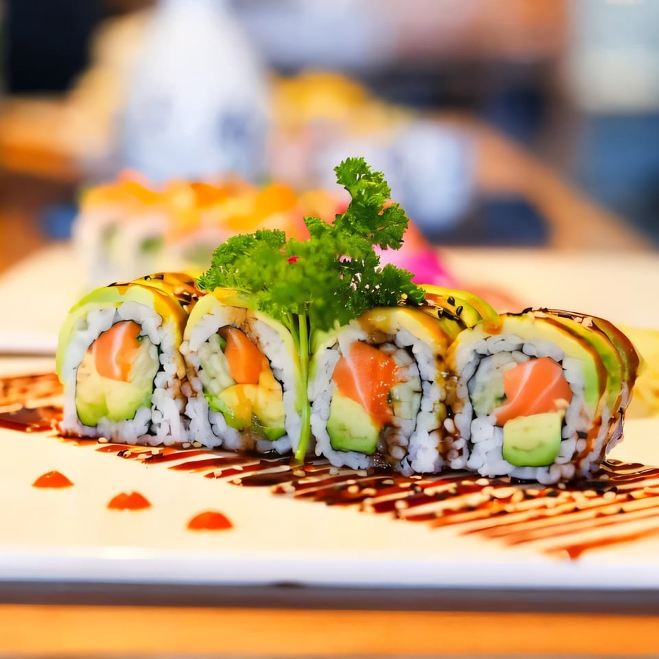 Sakanaya's salmon and avocado sushi rolls, drizzled with sauce and garnished with parsley.